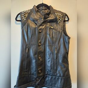 Diesel Black Leather Vest with Gold Studs
